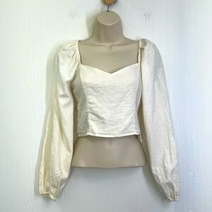 Forever 21 - Ivory Linen Blend Puffed Sleeve Heart Neckline Crop Size Medium